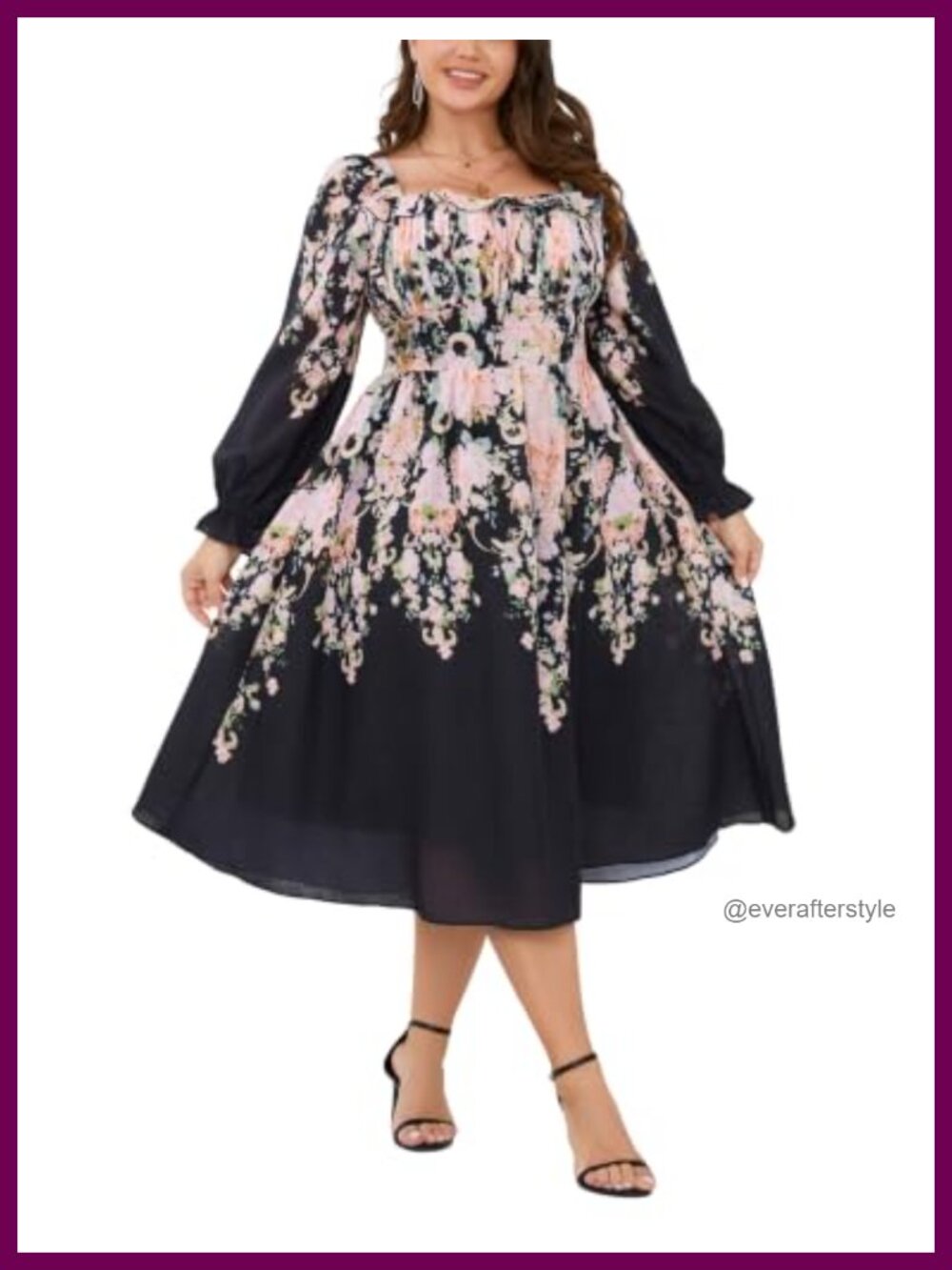 Plus Size Floral Long Sleeve Midi Wedding Guest Dress A-Line Square Neck